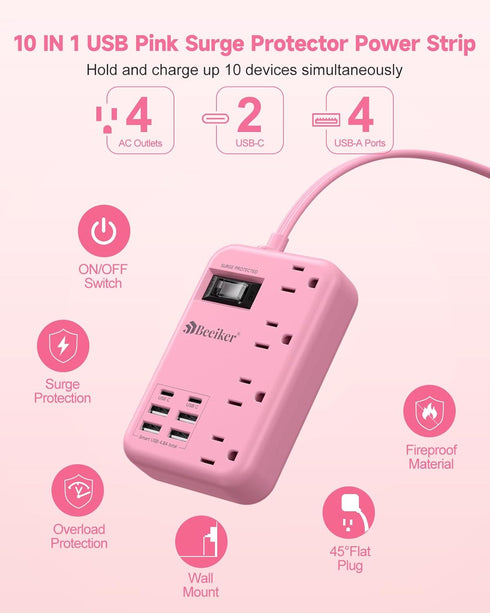 Beeiker 6 USB(2 5Ft 24W 4 USB C) Pink Extension Cord- Travel Power Strip with USB Charging Station and Outlets, Pink