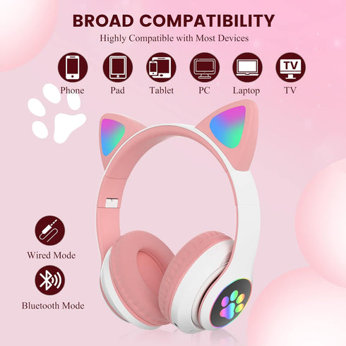 Kids Bluetooth Headphones, Bluetooth Headphones for Kids and Adults, Cat Headphones for Girls and Boys