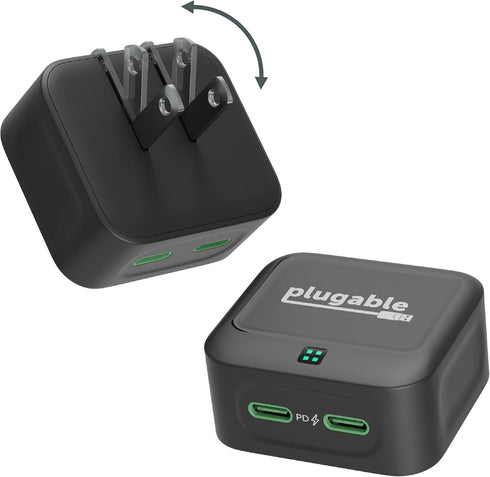 Plugable Dual USB C Wall Charger, 40W Foldable 2-Port Flat USB C Fast Charger Block, USB-C Power Adapter for iPhone 15,