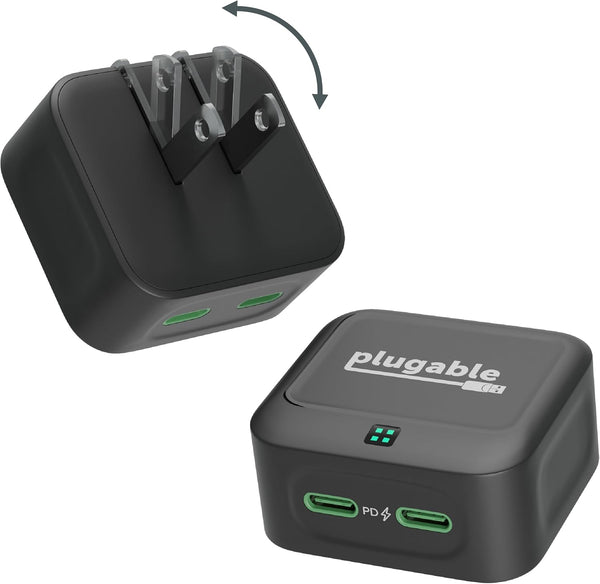 Plugable Dual USB C Wall Charger, 40W Foldable 2-Port Flat USB C Fast Charger Block, USB-C Power Adapter for iPhone 15,