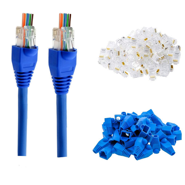 PETECHTOOL RJ45 Cat6 Pass Through Connectors Gold Plated 8P8C Ends with Blue Strain Relief Boots (200 Packs Total)
