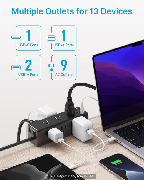 CCCEI 9 6 1.6 inch Desk Clamp Power Strip with Outlets, Desktop Edge Mount Surge Protector with USB-A and USB-C Ports