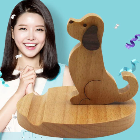 Cell Phone Tablet Wooden Stand Dock Holder, Non-Slip Organizer Charger Station for Desk, Room, Office, Kitchen (Dog)