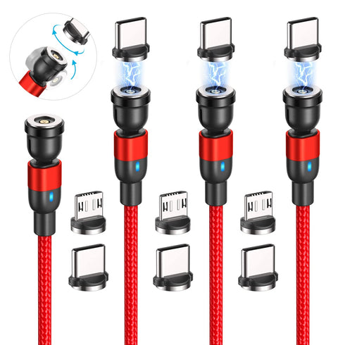 Red Magnetic Charging Cable 4 Pack (10ft each) - 540° Rotation, Nylon Braided, Type C & Micro USB Compatible.