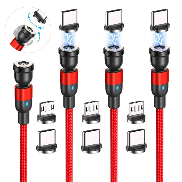 Red Magnetic Charging Cable 4 Pack (10ft each) - 540° Rotation, Nylon Braided, Type C & Micro USB Compatible.