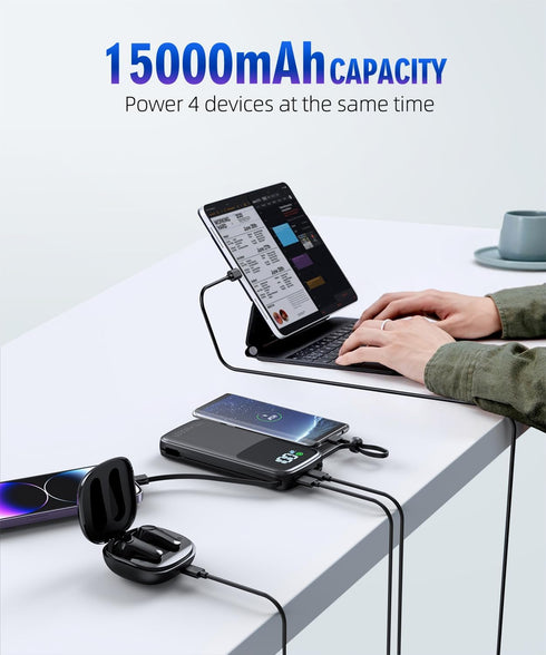 Portable Charger Power Bank 15000mAh, PD30W Fast Charger, Built-in AC Wall Plug and 2 Output Cables with LED Display