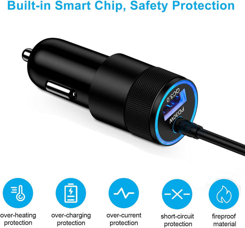 30W USB C Fast Car Charger with 3ft Cable for Samsung Galaxy S24/S23/S22/S21/S20+ and iPhone 15 Plus Pro Max