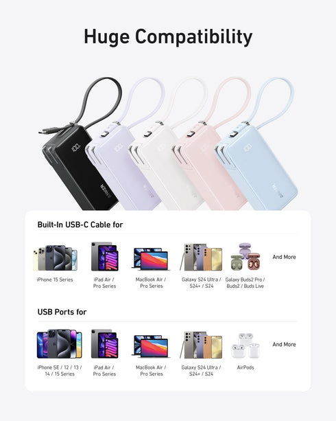Anker 3-in-1 Portable iPhone Charger, 10,000mAh Power Bank with Built-in USB-C Cable and Foldable AC Plug, 30W Max