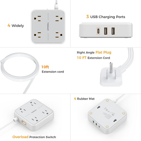 TESSAN 10 ft Extension Cord, Surge Protector Power Strip with 3 USB, Flat Plug, 4 AC Outlets