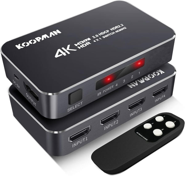 4K HDR HDMI Switch, Koopman 4 Ports 4K 60Hz HDMI 2.0 Switcher with IR Wireless Remote, Supports UltraHD Dolby Vision