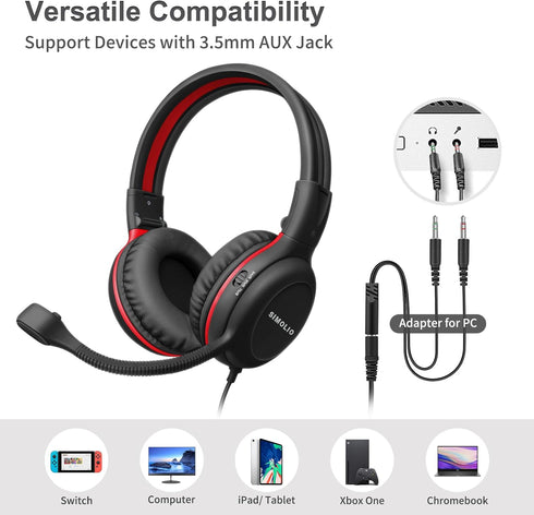 SIMOLIO Wired Kids Headphones with Boom Microphone, 3 Levels Hearing Protection for School, Gaming, Durable Headsets