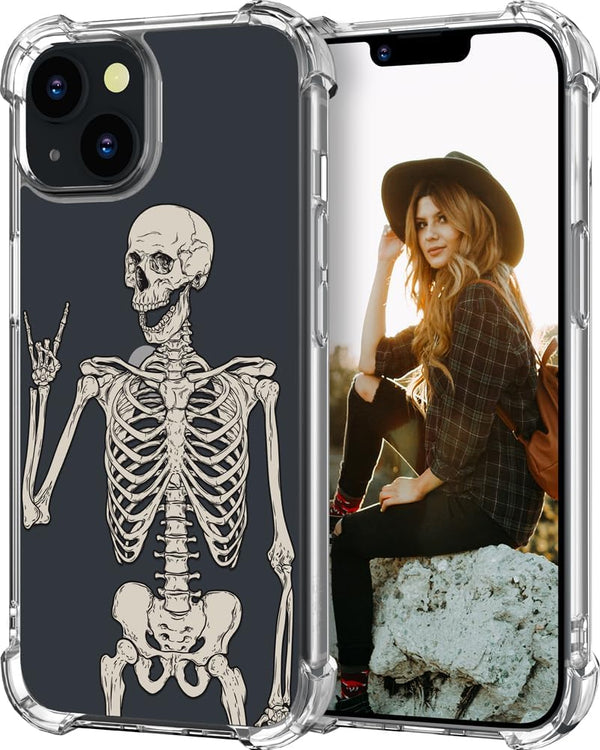 for iPhone 15 Case, Cute Skull Skeleton Clear Design, Girly Floral Transparent Case Compatible with iPhone 15