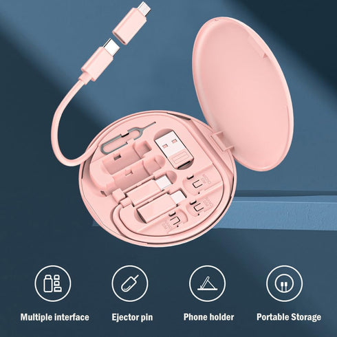 Yesimla Multi USB C to Lightning Adapter Kit, USB to USB-C Charging Cable Case USB C to Type C/Micro/USB A Converter Contains Card Storage,Phone Holder, Tray Eject Pin for Traveling(Pink)