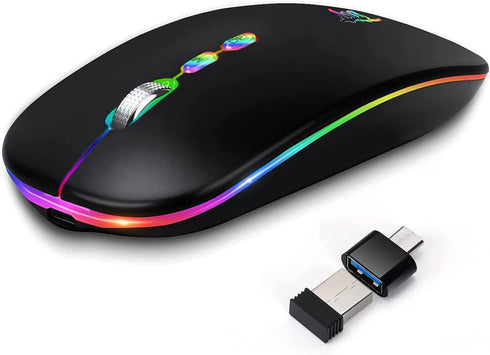 HOTLIFE Slim Rechargeable LED Wireless Mouse, Portable USB Optical 2.4G Bluetooth Computer Mice with Type C Adapter