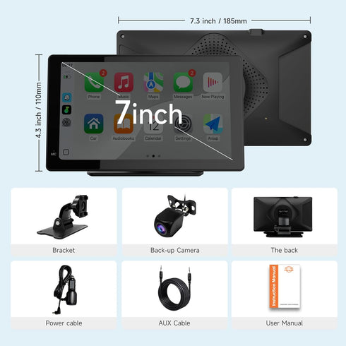 Haudio 7" 1080P Wireless CarPlay & Android Auto Screen for Car, Portable Car Stereo with Front & Rear Dash Cam, Backup