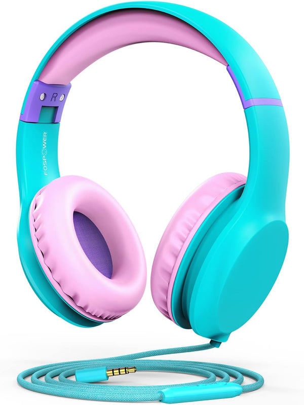 FosPower Kids Headphones, Safe Volume Limit 85 dB, Over The Ear with Built-in Mic, Tangle-Free Cable, Mint/Pink