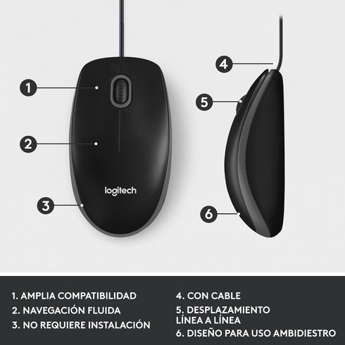 Logitech M100 Corded Mouse, Wired USB Mouse for Computers and Laptops, Black, for Right or Left Hand Use