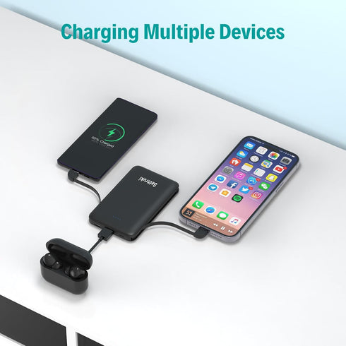 Smallest Portable Charger with Built-in Cables, 6000mAh Ultra Slim Power Bank, Lightweight USB C Phone Charger, Black