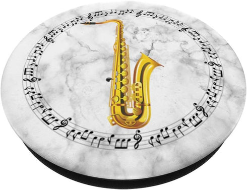 Saxophone Jazz Player Gift Music Notes Circle White Marble PopSockets PopGrip: Swappable Grip for Phones & Tablets