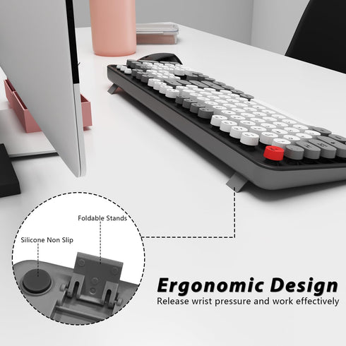 Wireless Keyboard Mouse Combo, 104 Keys Cute Wireless Keyboard with Number Pad for Windows, Grey
