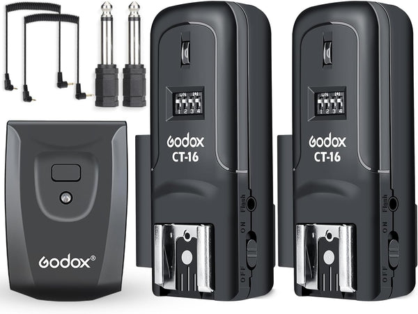 Godox CT-16 Wireless Radio Flash Trigger Kit, 1x Transmitter + 2X Receiver for Canon Nikon Sony