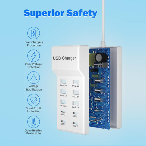 Generic 10-Port USB C Fast Charger, Portable Charging Station, Suitable for Various Devices, Compatible with iPhone