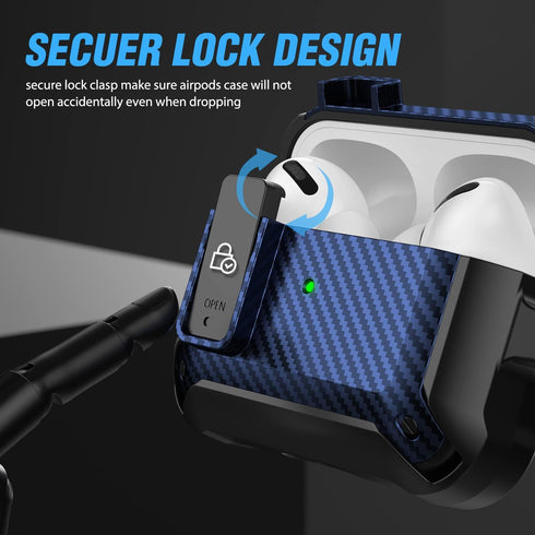 Valkit Airpods Pro Case with Lock Clip, Carbon Fiber Texture Cover with Keychain for Men Women, Black/Blue
