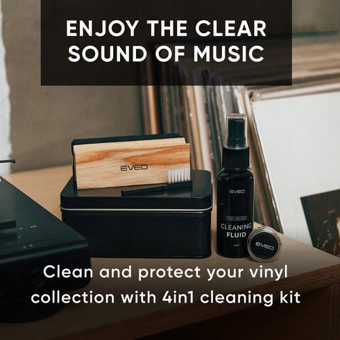 EVEO Premium Vinyl Record Cleaner Kit - Complete 4-in-1 Cleaning Kit with Brush, Liquid, Duster & Stylus Gel