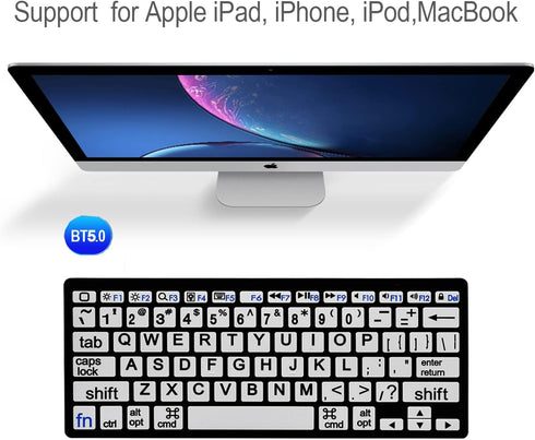 HXMJ-Large Print Mini Bluetooth Keyboard Compatible with iPad, iPhone, MacBook for Seniors and Visually Impaired, White