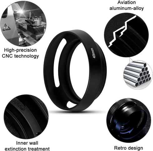 62mm Hollow Lens Hood Universal Metal Hollow Vented Tilted Curved Lens Hood Sunshade with Centre Pinch Lens Cap for Leica Canon Nikon Sony Pentax Olympus Fuji Camera + Microfiber Cleaning Cloth
