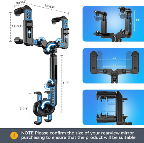 Rearview Mirror Phone Holder for Car, 360° Rotatable Anti-Shake Design for All Phones and Cars