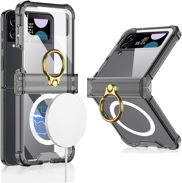 Slim Fit Transparent Hard PC Shockproof Cover for Samsung Galaxy Z Flip 4, with Ring Holder and Hinge Protection (Black)