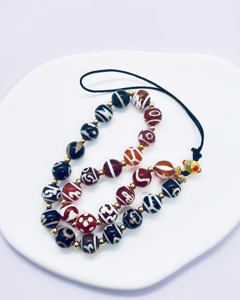 Generic 26 Hand-Woven Agate Bead Lanyard, Natural Agate Beads with Auspicious Carved Patterns, Multi-Use Lanyard