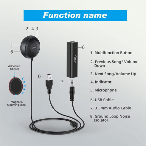 Bluetooth 5.0 Car Kit, AUX Adapter with Ground Loop Noise Isolator for Handsfree Calls and Music Streaming, Voice