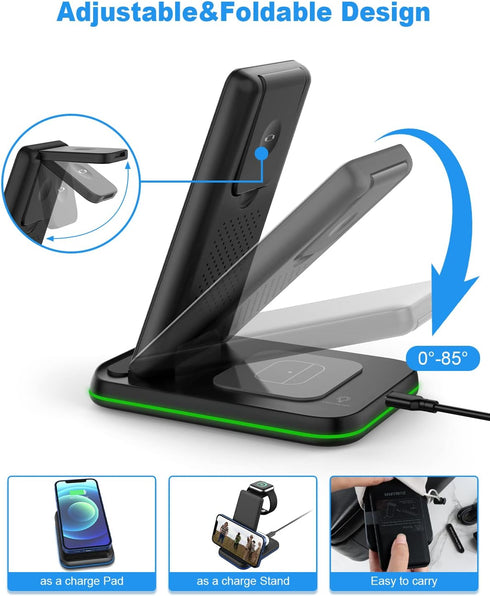 Foldable Wireless Charger 3 in 1 Charging Station for Multiple Devices, Compatible with iPhone 16 15 14 13 12 11