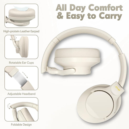 ZIHNIC Active Noise Cancelling Headphones, 60H Playtime Wireless Bluetooth Headset, Low Latency, Milky White