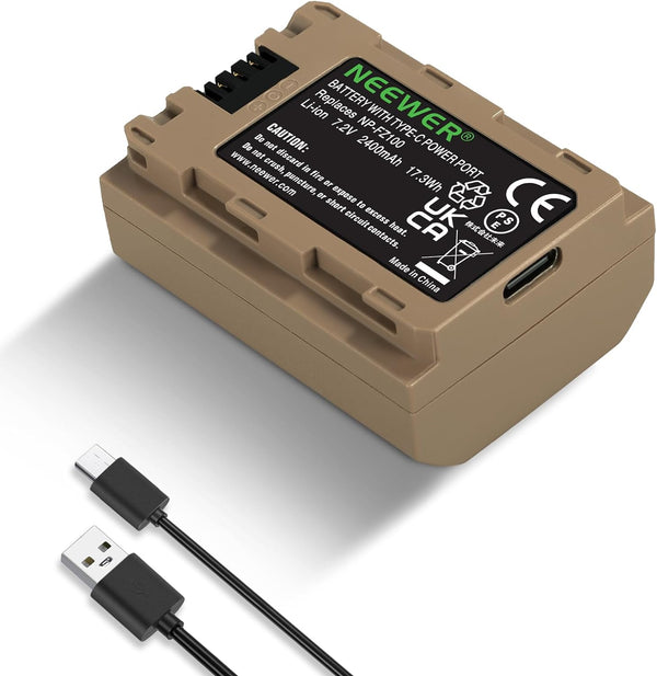NEEWER NP-FZ100 2400mAh Battery for Sony A7R V, A7S III, A7 IV, USB-C Charging Cable, Compatible with Sony ZV-E1, FX3,
