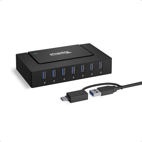 Plugable 7-in-1 USB Powered Hub for Laptops, USB Power Station for Multiple Devices with 60W Power Adapter