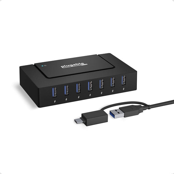 Plugable 7-in-1 USB Powered Hub for Laptops, USB Power Station for Multiple Devices with 60W Power Adapter