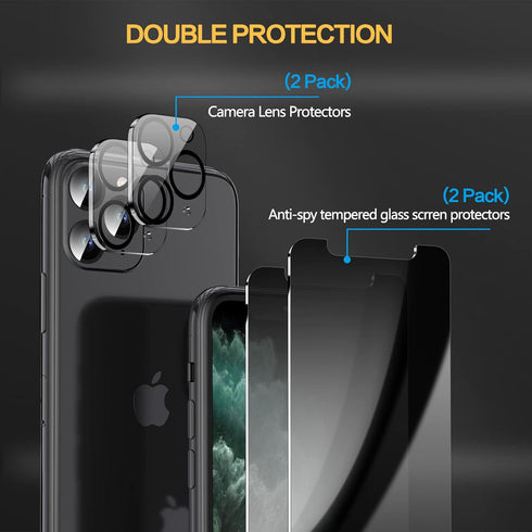 2 Pack Privacy Screen Protector & Camera Lens Protector for iPhone 11 Pro 5.8", Anti-Spy Tempered Glass, Case Friendly
