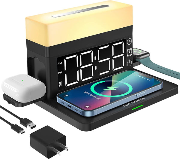 YTFGGY Wireless Charger, 3 in 1 Wireless Charging Station with Alarm Clock, Night Light, 18W Fast Charger for iPhone