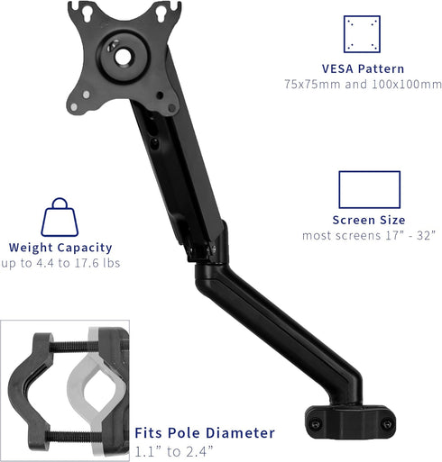 VIVO Universal Full Motion Pneumatic Pole Mount Arm for 17 to 32 inch Monitor Screens, 75mm and 100mm VESA Plate, Black