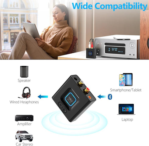 1Mii 5.1 3.5mm 12hrs Bluetooth Receiver for Home Stereo, Bluetooth Audio Adapter with RCA, Wireless Hi-Fi Music
