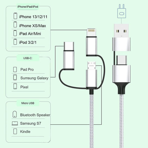MTAKYI Multi 5 in 1 Universal USB Charging Cable,3M/10FT USB A/Type C to Lightning+Type C+Micro USB Nylon Braided Sync Charger Cord Adapter for Android/iPhone13/iOS/Samsung/Huawei/LG- for Car