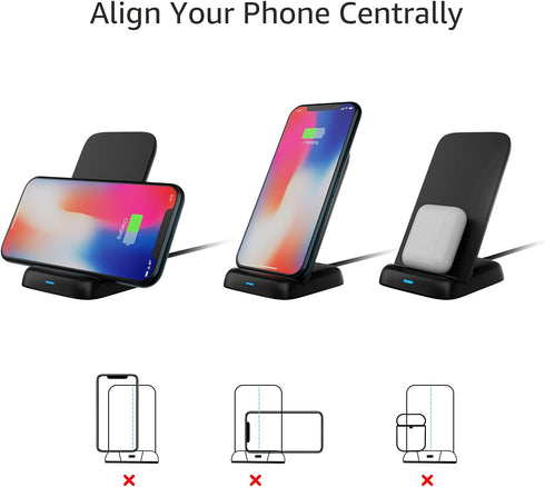 Amazon Basics 10W Qi Certified Wireless Charging Stand, Black for iPhone 15/14/13/12/11/X, Samsung, USB Cable
