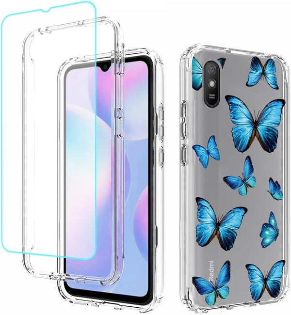 Xiaomi Redmi 9A M2006C3LG/9i M2006C3LII Case with Floral TPU & Tempered Glass Screen Protector - Slim Protective Armor.