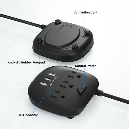 Power Strip with 3 Outlets and 3 USB Ports, Desktop Charging Station with 5 ft Extension Cord - Black