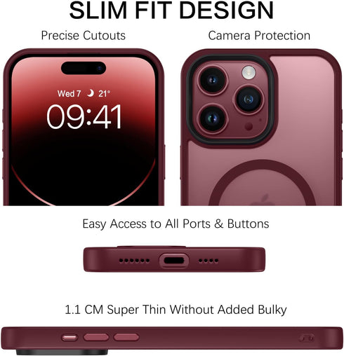 BENTOBEN iPhone 15 Pro Max Case, Slim Shockproof Magnetic Cover, Translucent Matte, Wine Red, Compatible with MagSafe