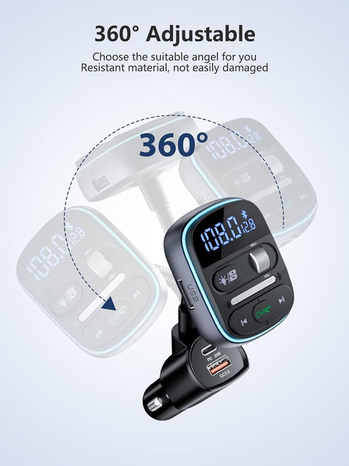 LENCENT Bluetooth FM Transmitter PD 30W, Bluetooth Car Adapter with QC3.0 Fast Charger, Hi-Fi Bass Music, Wireless