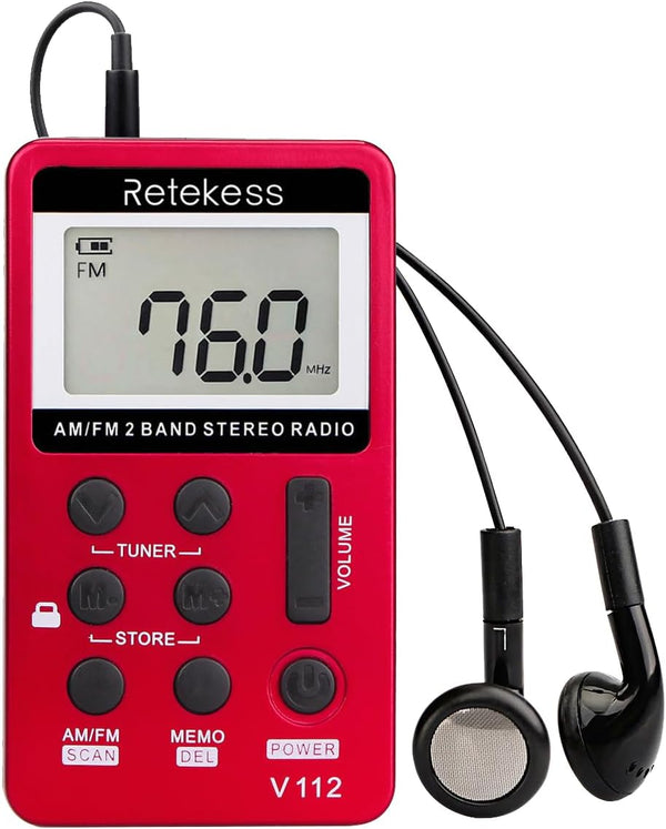 Retekess V112 AM FM Portable Pocket Radio, Digital Tuning Stereo, Rechargeable Battery, with Headphones, for Walking